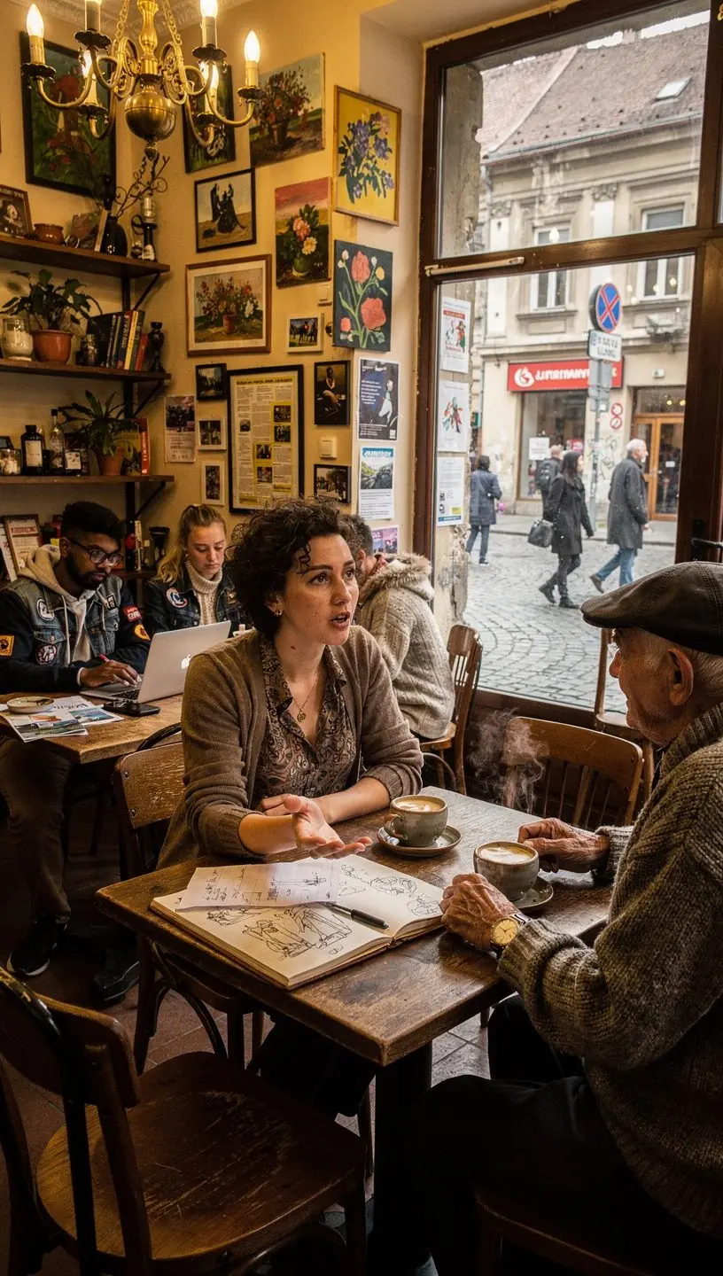 Grup divers de oameni discutând idei într-un cadru comunitar pentru a evidenția perspective locale.
